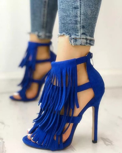 Sandales stiletto bleu franges - sandales,