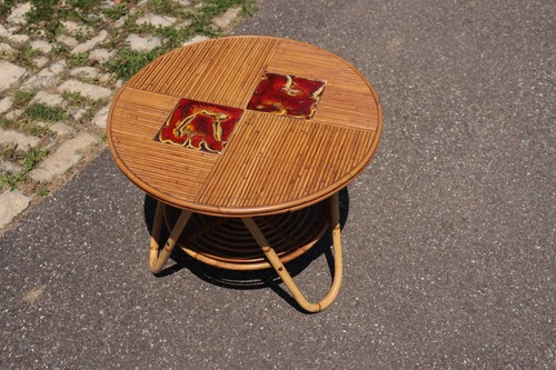 Table basse rotin - , céramique