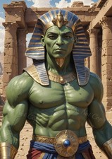 Photo A4 guerrier égyptien vert en armure dorée devant temples – 777