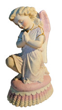 ANCIENNE STATUE BISCUIT POLYCHROME ANGELOT ANGE AGENOUILLE PRIANT SIGNEE H 17 CM