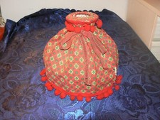 ANCIEN ABAT JOUR TOILE PROVENCAL POMPONS ROUGE VINTAGE DECORATION LAMPE AMPOULE
