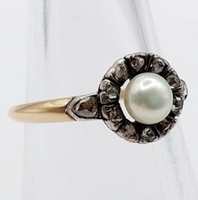 Bague marguerite antique or 18k et argent perle et diamant taille rose (1900)