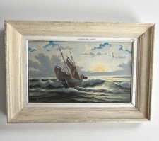 Huile Toile Marine Voilier Tempête signée GUERET XXe 33x55cm À Restaurer