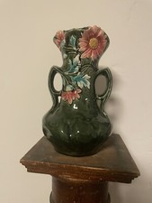 Antique French Majolica Art Nouveau Vase 11 1/2” Daisy Georges Martel 1895 Green