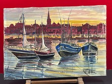 Tableau Huile sur toile, Marine, Bâteau au mouillage signature à identifier