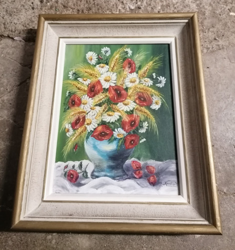 Peinture pot fleurs signé - de,