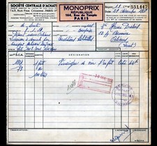 PARIS (III°) ALIMENTATION / EPICERIE "MONOPRIX" Facture en 1950