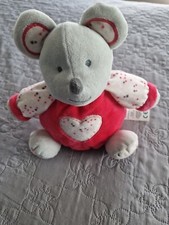 Peluche Doudou Souris grise rose coeur grelot 20 cm Obaibi Okaidi
