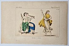 Gravure originale aquarellée XIXe : Scène de Musique et Danse
