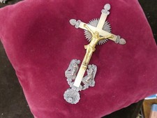 croix procession circa 1800,flamboyant,palmette,anges,fixation,H22cm,bronze doré