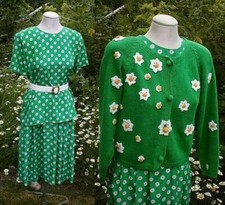 Vtg 80s TANNER DONCASTER 3-piece TOP SKIRT CARDIGAN SWEATER Dress Outfit Set M/L