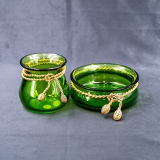 Antique French Green Crystal Glass Box Jar and Bowl Set Bronze Ormolu Rope