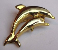 broche rétro couleur or poli deux dauphins cristaux diamant bijou vintage 2882