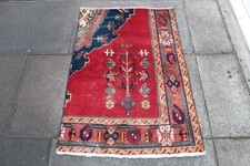 Tapis Oriental Traditionnel En Laine Rouge Petit Fait Main Vintage Usé 115x87cm