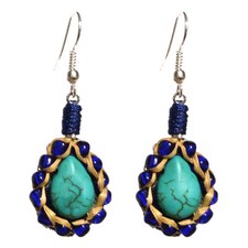 Boucles D'oreilles femme ethnique goutte bleu turquoise tresse beige bleu nuit