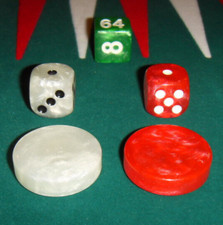 ANCIEN BACKGAMMON feutrine rouge blanc vert - jetons videau dice dés nacrés cuir