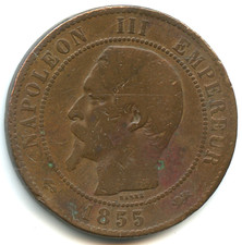 10 centimes Napoléon III , tête nue 1855 D , ancre n°3605