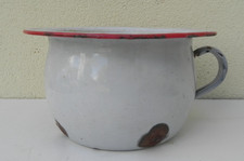 POT DE CHAMBRE ANCIEN EMAILLEE BLANC liseré ROUGE diamètre 20,4 cm ,hauteur 11,5