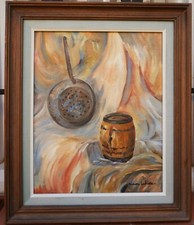 tableau de Ninon Labiste: nature morte à la poele à chataignes