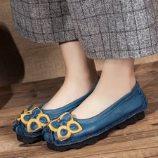 Femmes Chaussures Simili Cuir 3D Fleur Plat Àenfiler Talon Souple Ethnique Rétro