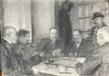 Georges Paul Leroux  (1877-1957) - fusain - "La partie de carte"