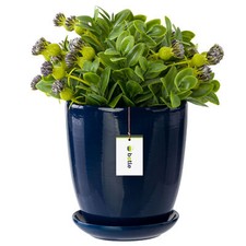 Pot de fleur bleu foncé avec soucoupe Rond 195 mm x 215 mm Surface brillant 