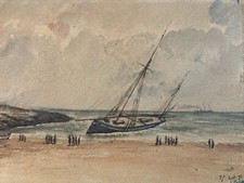 Très Belle Peinture XIXe Bateau Échoué Plage Mer Océan Ancien Art  À Identifier