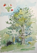 Aquarelle impressionniste vintage paysage arbres
