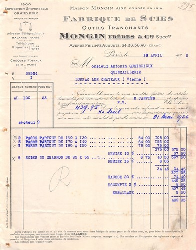 1926 fabrique scies mongin - scies,