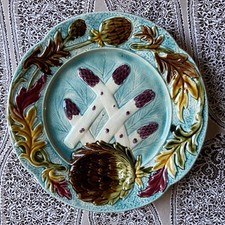 Antique Collector French Majolica Barbotine Asparagus Artichoke Plate By Orchies