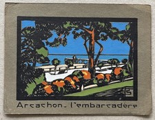 Gravure Pochoir Art Déco Vue Touristique Ancienne Paysage Arcachon l'embarcadère