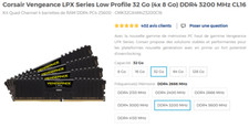 Mémoire RAM : 32 Go (4x8 Go) Corsair Vengeance LPX DDR4 3200 MHz