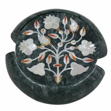 Vert Marbre Coaster Set Main Pierre Pietra Dura Pour Cadeaux