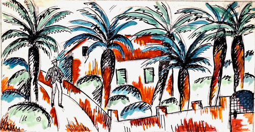 Watercolor art deco - watercolor, "palms"