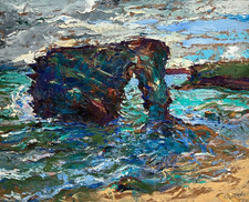 Tableau ancien huile paysage maritime, vue mer André BARRERERE (XX) arbre...