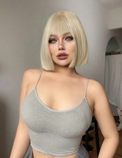 Perruque Synthétique Courte Blonde Doré Clair Wig Avec Frange Femme +4 Bonnet