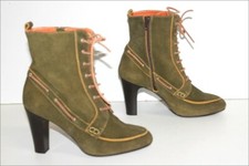 C.PETULA  Bottines à Lacets Daim Kaki Doublées Cuir Talons T 38 TBE
