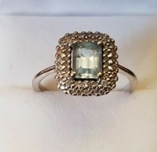 Bague Or Blanc - 14k 585/000 - Aigue-Marine 1,3 ct+ Pavage de Diamants - t 56 - 