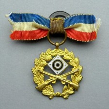 French, Antique Enamel Medal. Shooting Contest, Victory, Rifl, Target. Ribbon.