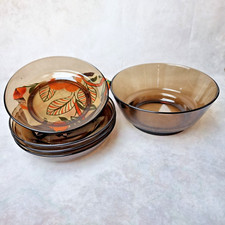 Saladier et 4 Assiettes Creuses VERECO Fumé – Verre Trempé – Années 70