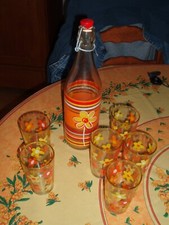 Service à jus de fruits jus d'orange ou soda vintage 70's bouteille + six verres