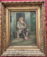 Belle école Française du XIX e siècle "portrait d'un homme âgé assis sur un banc