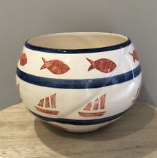 Cache Pot Forme Bocal En Faïence Motifs Marin Poissons Bateaux Coquillages