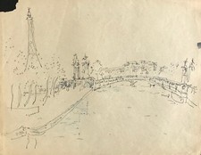 Charles Bégo (élève Gen Paul) - Dessin original - Encre - Paris, Le Pont de iéna