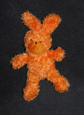 ? Doudou Lapin YVES ROCHER Orange Long Poil Yeux Nez Brodés Brun 24 Cm Peluche