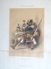 FRAGONARD (1806-1876) LITHO COULEUR XIX COSTUME HOMME LANSQUENET SOLDAT VIN