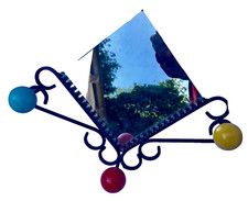 PORTE MANTEAU FER FORGE BOULE BOIS COULEUR ET MIROIR VINTAGE 50 /60'S