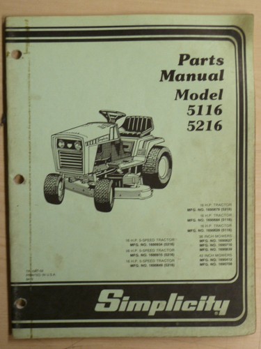 Simplicity parts manual - manual, model