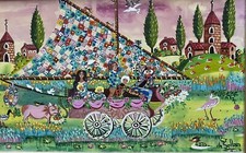 Tableau Art Naif la famille Patchwork  peinture naïve signée Charlotte Sellan