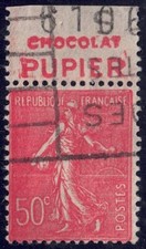 Bande pub Chocolat PUPIER oblitérée - Publicitimbre semeuse n°199 au type 2A